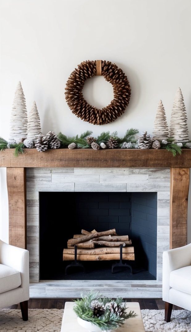 A fireplace with a wooden hearth and neutral christmas decor