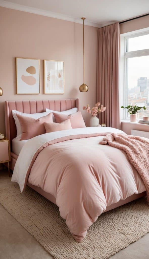 A blush pink bedroom with pink bed, pillows, head board and pictures
