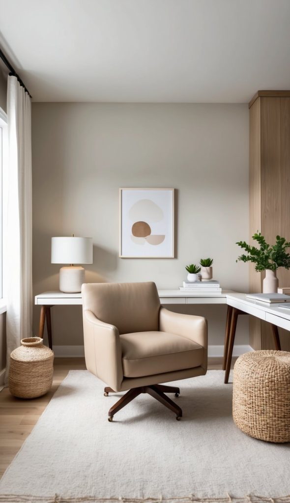 A neutral office with a tan desk chair, white lamp and framed picture