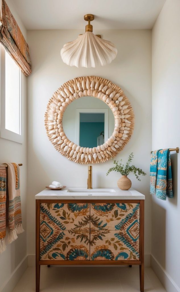 A boho style bathroom with a unique mirror and vanity