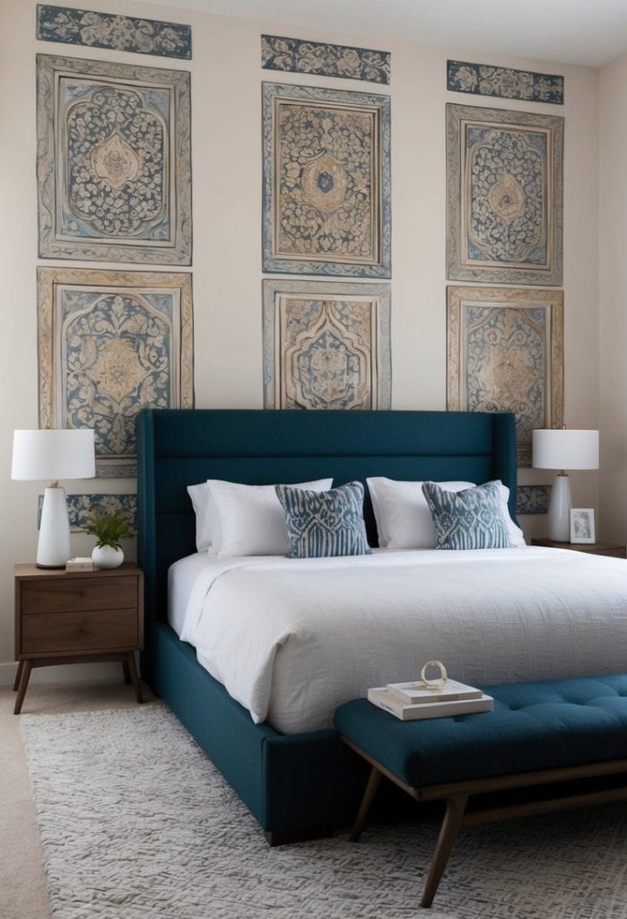 A bedroom with a hand-painted accent wall featuring intricate artisan panels, creating a focal point in the room