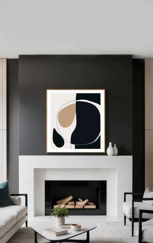 A sleek black and white mantel adorned with abstract art prints, creating a timeless contrast in a modern living room