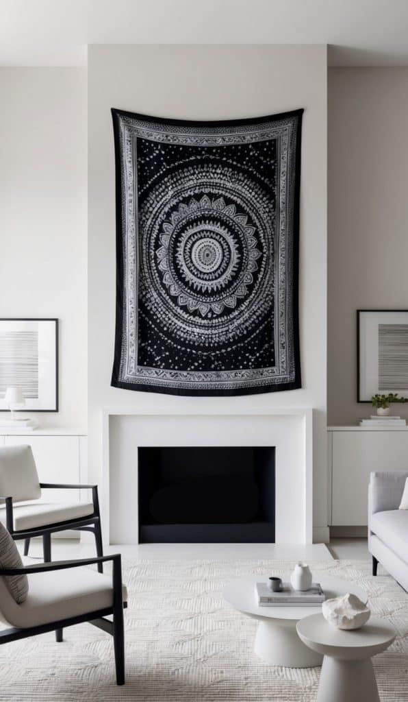 A black and white patterned tapestry hangs above a sleek mantel, creating a timeless contrast in the minimalist decor
