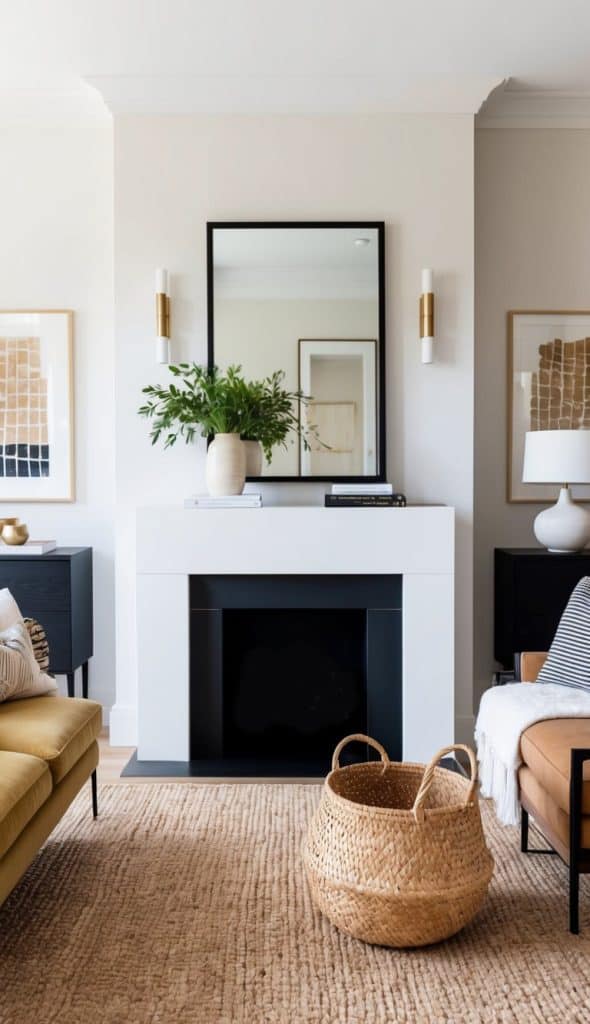 A lush green plant in a textured ceramic vase with stacked books and a bold framed mirror on a mantel