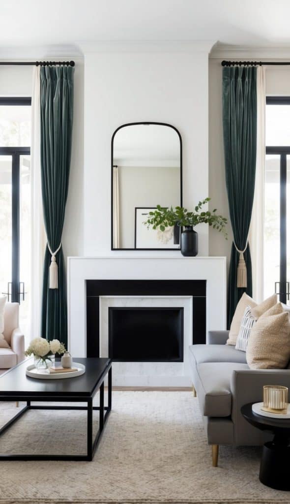 An elegant arched black mirror and a simple black vase with greenery adds a fresh, modern touch to the mantel