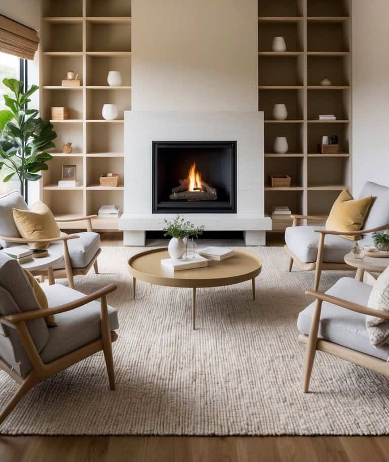 A cozy living room with a fireplace surrounded by individual shelf modules for practical storage