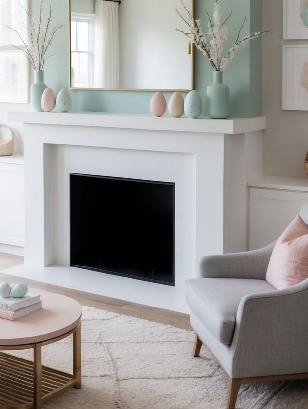 A mantel adorned with pastel Easter eggs in a hand-painted style