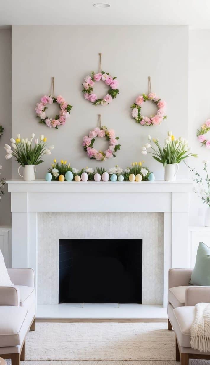 A mantel adorned with pastel eggs, blooming flowers, and delicate floral wall hangings for a fresh and festive Easter look