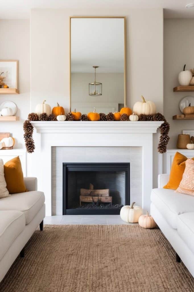 A cozy fireplace mantel adorned with a pine cone garland, pumpkins, and warm autumnal hues