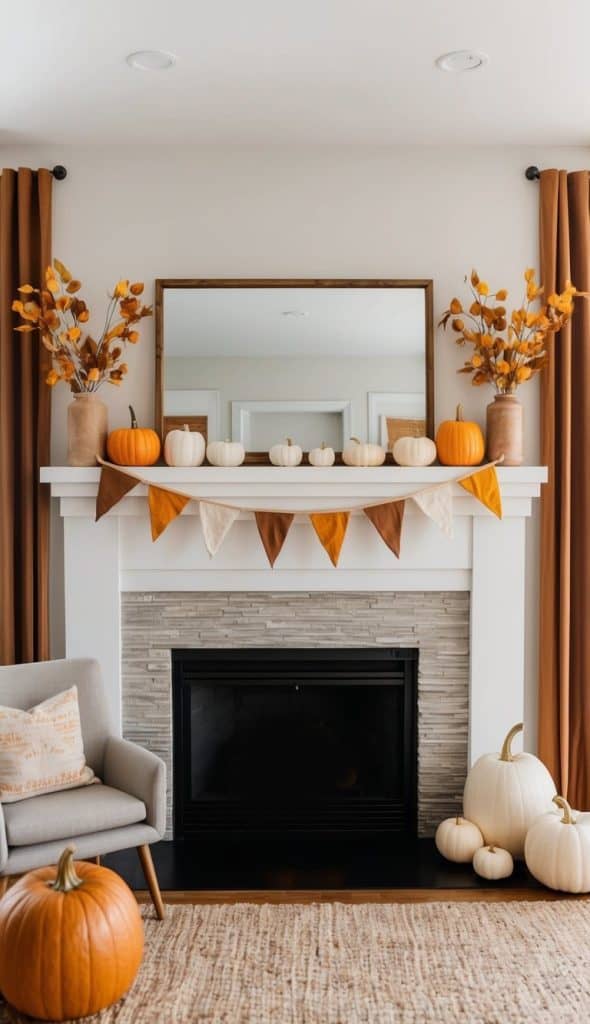 A rustic mantel adorned with fall flags, pumpkins, and warm hues