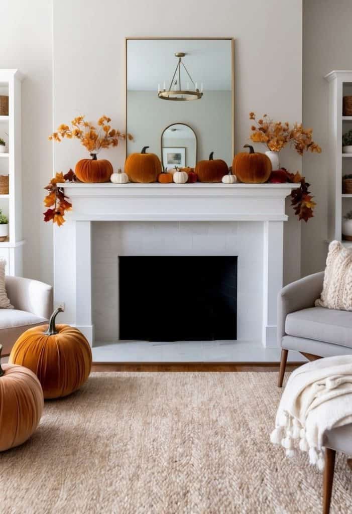 A cozy fall mantel adorned with velvet pumpkins in warm autumnal hues