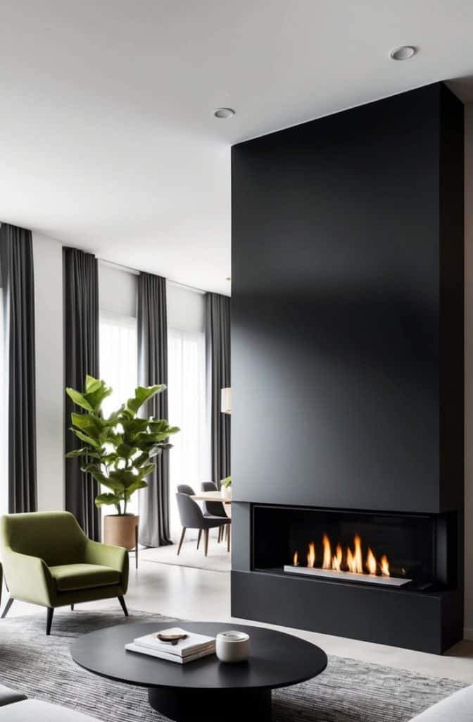 A modern black sleek fireplace reaching from floor to ceiling, with clean lines and a dramatic impact