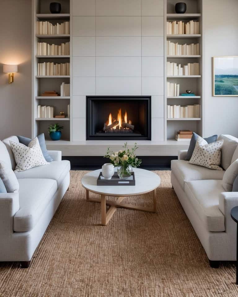 A cozy living room with a floor-to-ceiling fireplace surrounded by a built-in bookshelf, creating a dramatic and inviting focal point