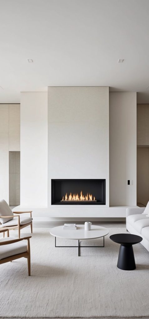 A minimalist living room with a sleek, floor-to-ceiling fireplace as the focal point, surrounded by clean lines and natural materials