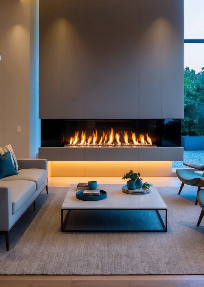 LED lighting accents illuminate a floor-to-ceiling fireplace, casting a dramatic glow in a modern living room