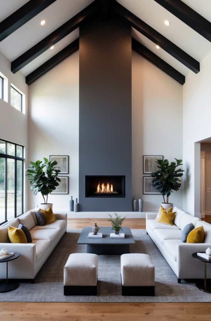 A spacious living room with a high, exposed beam ceiling and a floor-to-ceiling fireplace as the focal point, creating a dramatic and cozy atmosphere