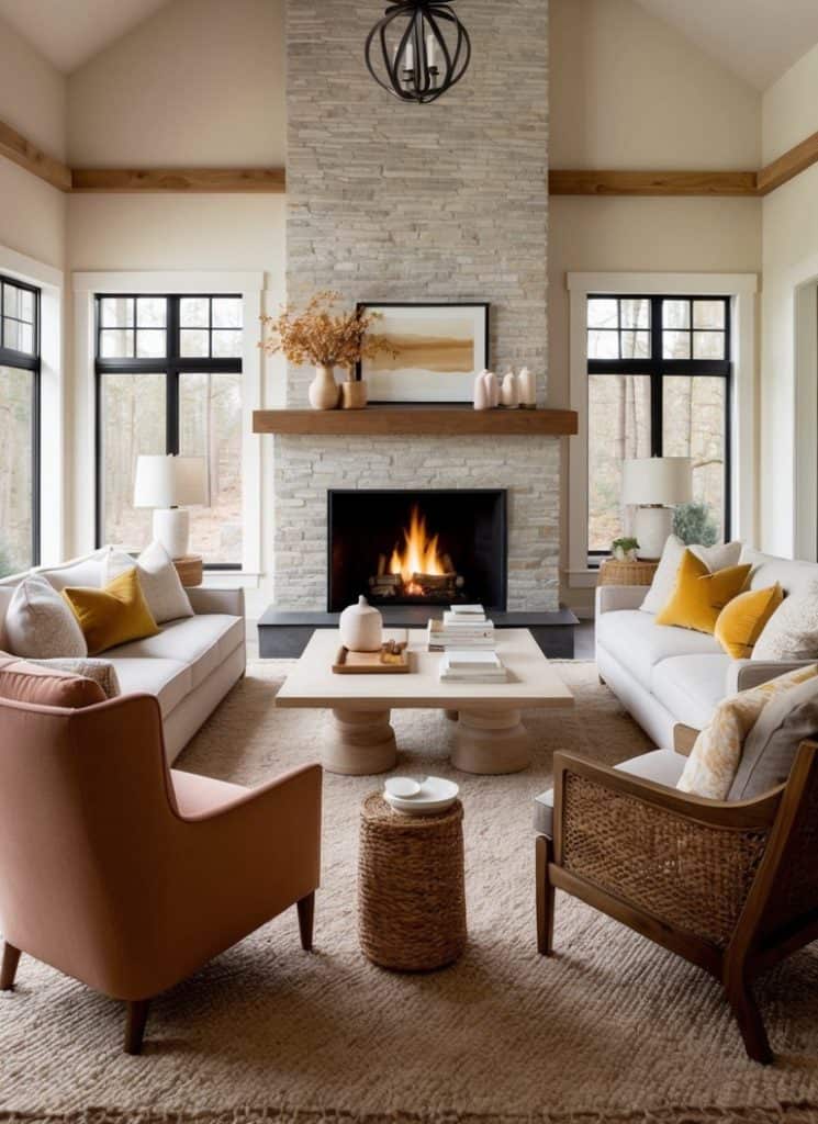 A cozy cottage with a grand floor-to-ceiling fireplace, surrounded by comfortable seating and warm, inviting decor