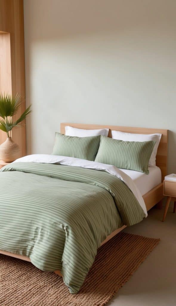 A cozy green striped duvet covers a bed in a natural, wood-accented bedroom. Shades of earthy green create a fresh and inviting atmosphere