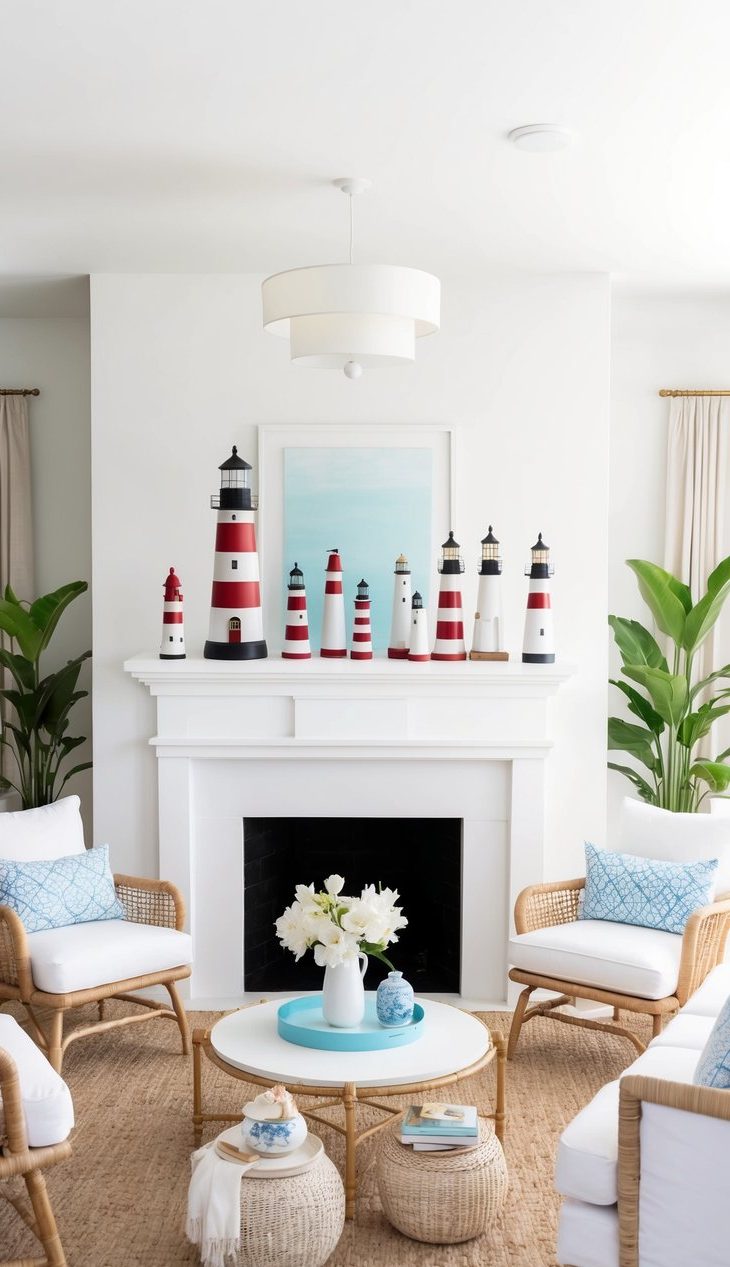 A mantel adorned with lighthouse decorations