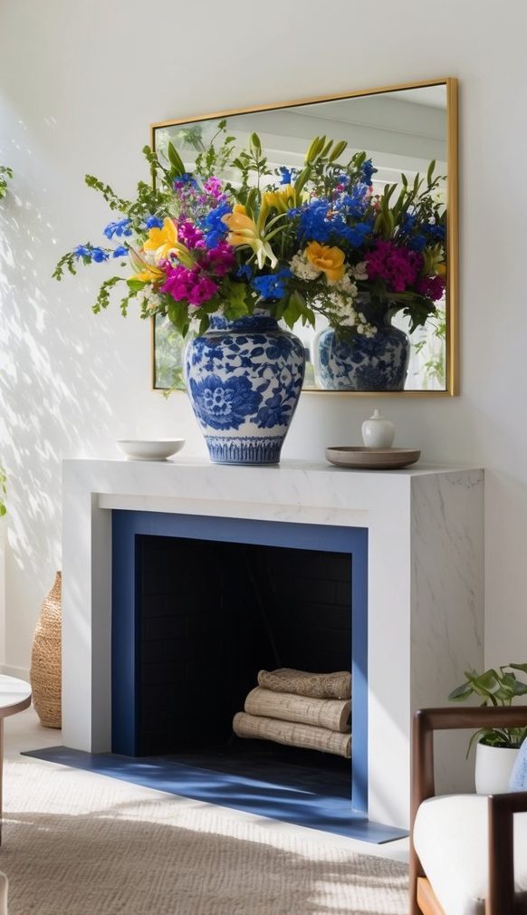 A blue and white porcelain vase filled with vibrant flowers sits on a mantel, surrounded by natural elements like greenery and sunlight