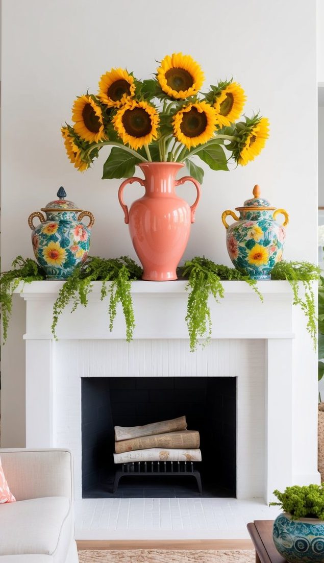 A coral-colored vase filled with sunflowers sits atop a white mantel, surrounded by vibrant greenery and colorful ceramic decor