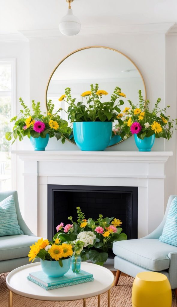 A bright turquoise planter sits on a mantel, surrounded by vibrant summer flowers and greenery, creating a cheerful and airy atmosphere