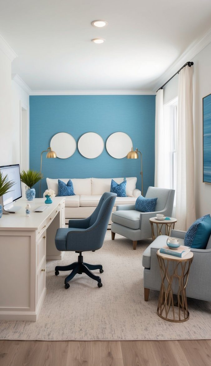 A serene home office with Aegean blue accents, including a cozy desk area, calming wall decor, and a splash of blue in the furniture and accessories