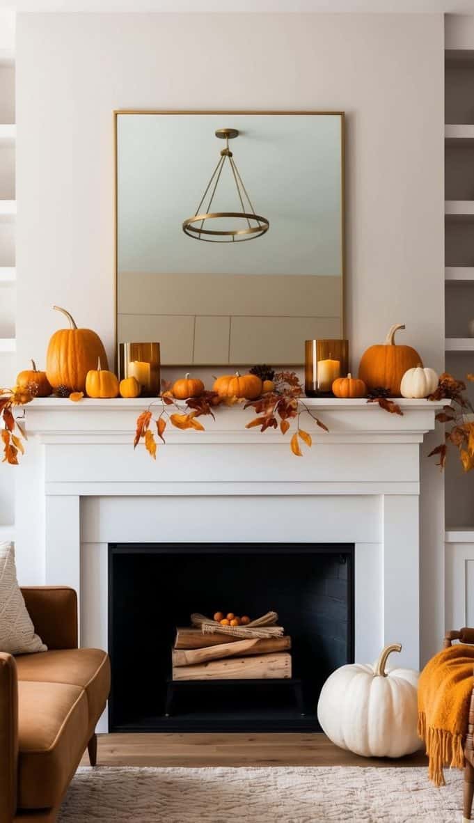 A cozy fall mantel adorned with amber glass candle holders, pumpkins, and warm autumnal hues