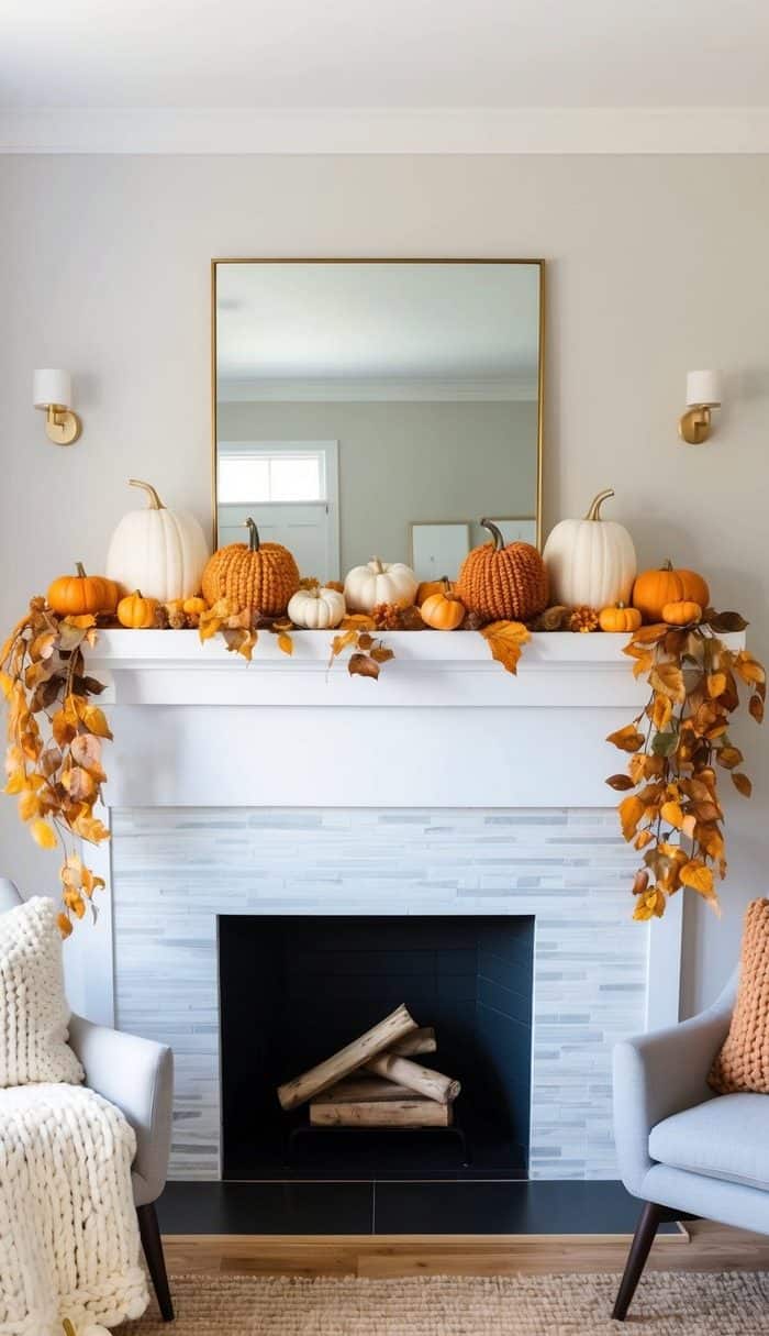 A cozy fall mantel adorned with chunky knit pillow covers, pumpkins, and warm autumnal hues