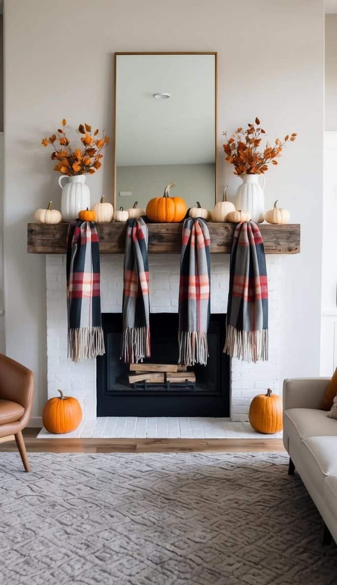 Plaid scarves draped across a rustic wooden mantel, adorned with pumpkins and warm autumnal hues