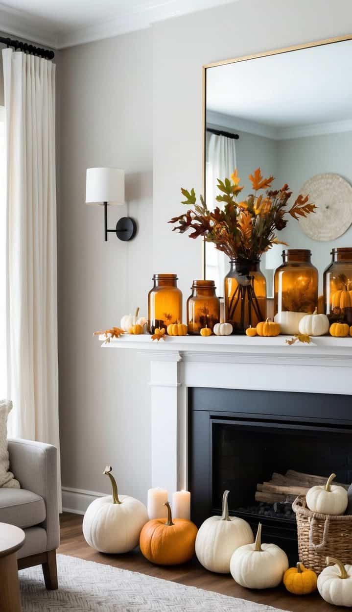 Amber apothecary jars filled with fall foliage, surrounded by pumpkins and candles on a cozy mantel