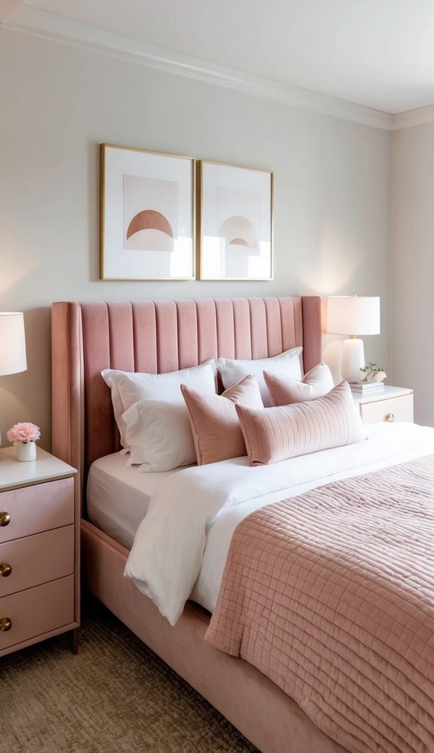 A bedroom with blush pink velvet furnishings and rose quartz drawer knobs
