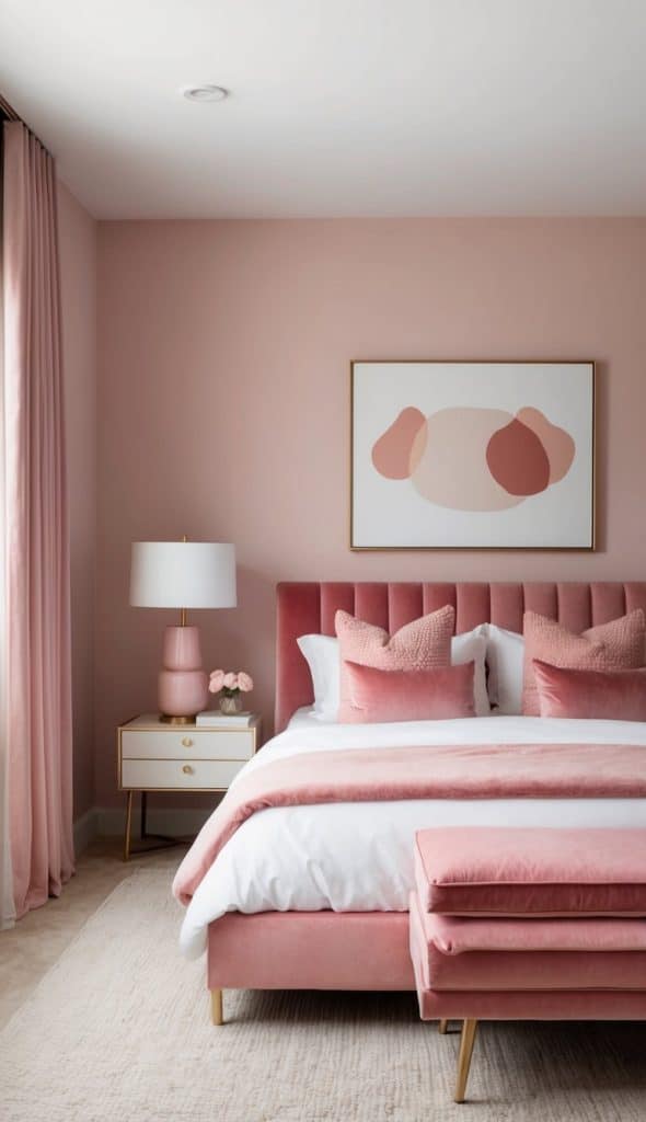 A cozy pink bedroom with velvet furnishings and blush accents
