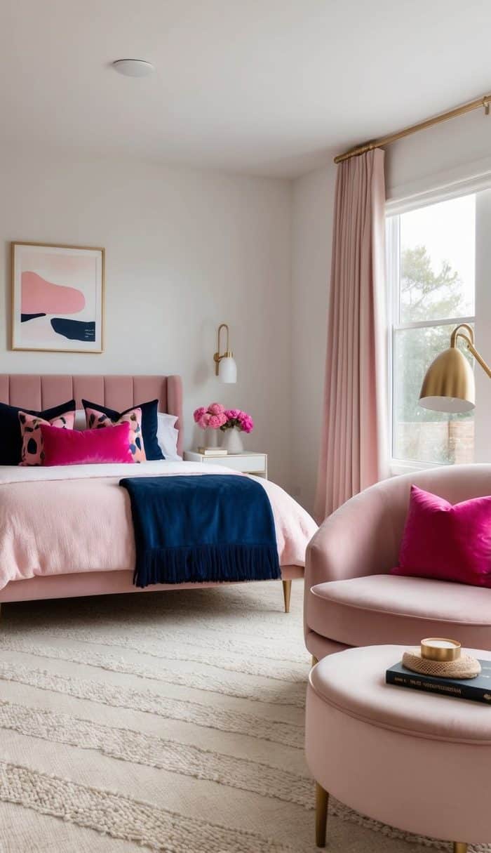 A cozy bedroom with fuchsia and navy throw pillows, blush velvet furnishings, and playful pink accents
