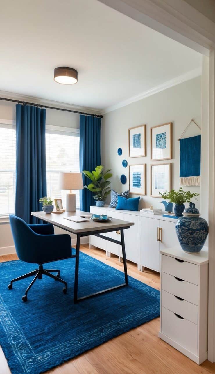 A cozy home office with a cobalt blue area rug, a desk, and various blue decor items creating a calming workspace