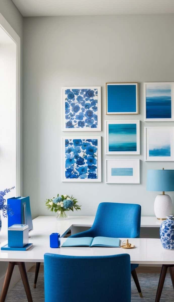 Bold blue chairs and artwork energize a modern home office,