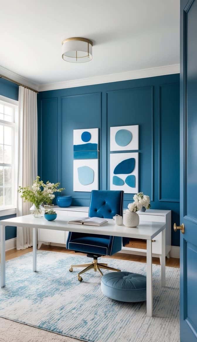 A blue accent wall panel in a serene home office with various shades of blue decor and a calming atmosphere