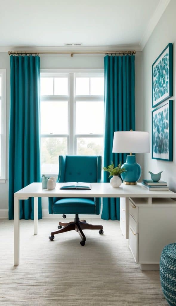 A home office with teal curtains, blue decor, and a calming atmosphere