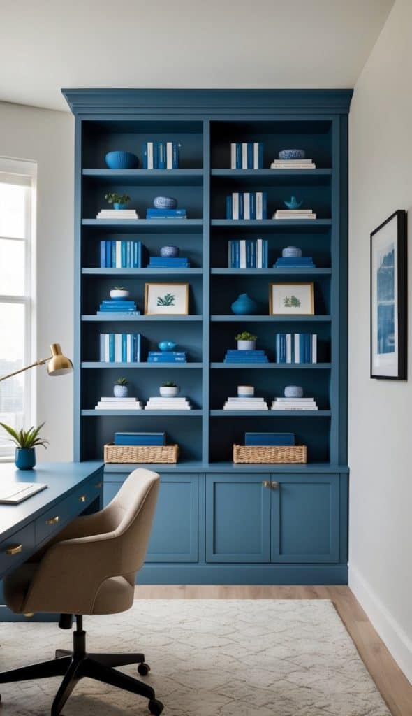 A slate blue bookshelf filled with blue office decor and books, creating a calming workspace