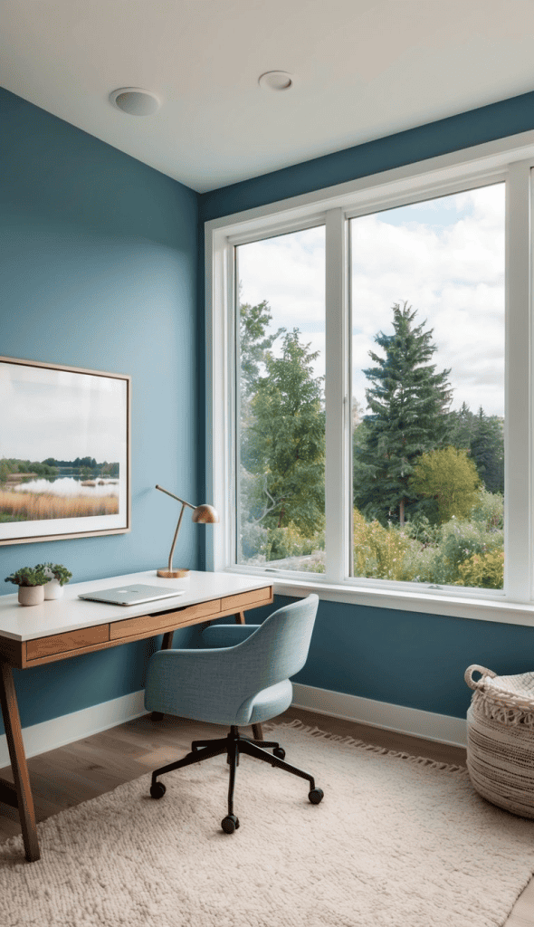 Soft blue walls create a soothing backdrop for this bright home office, complemented by a matching chair