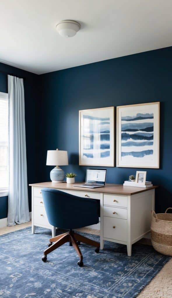 A serene home office with navy blue walls, a cozy desk, and hints of lighter blue accents for a calming workspace