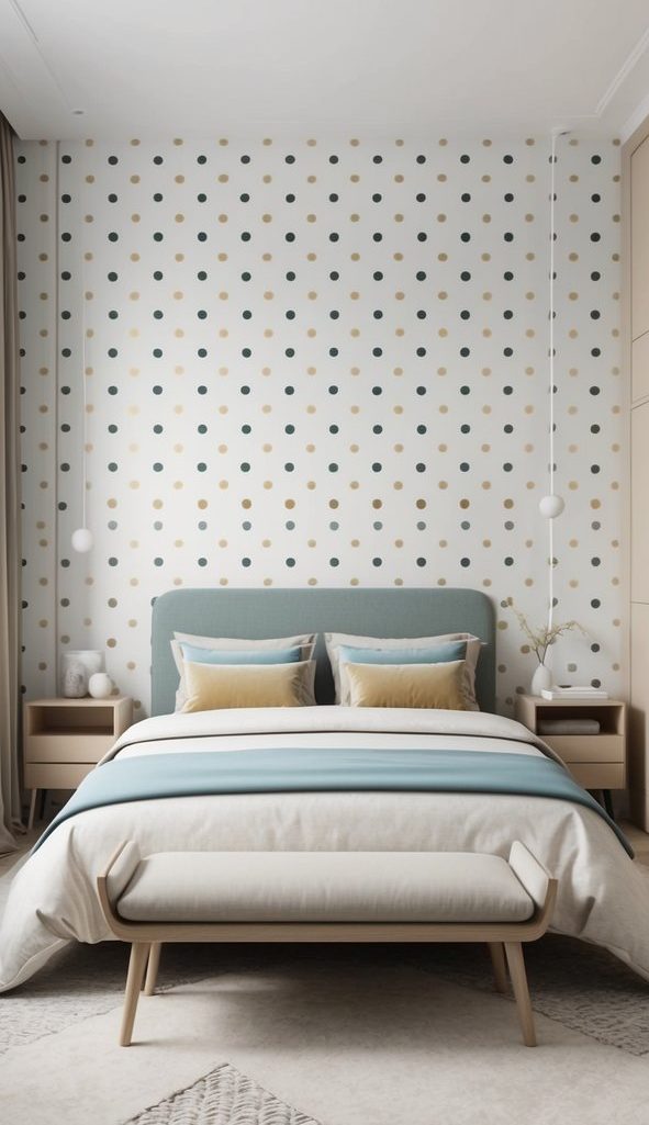 A bedroom with playful polka dot wallpaper in bold or subtle colors, adding a pop of patterned perfection to the space