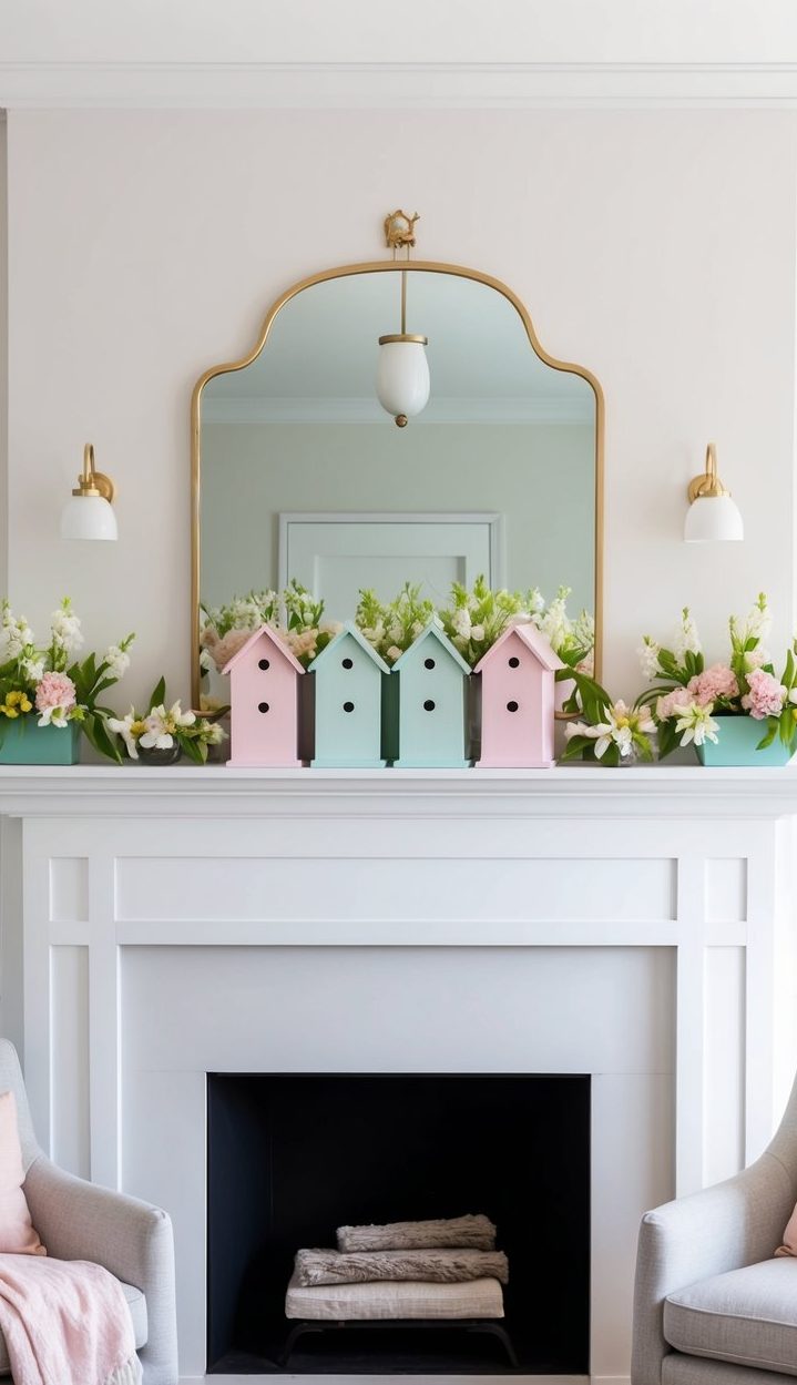 A mantel adorned with pastel birdhouses, surrounded by fresh spring blooms