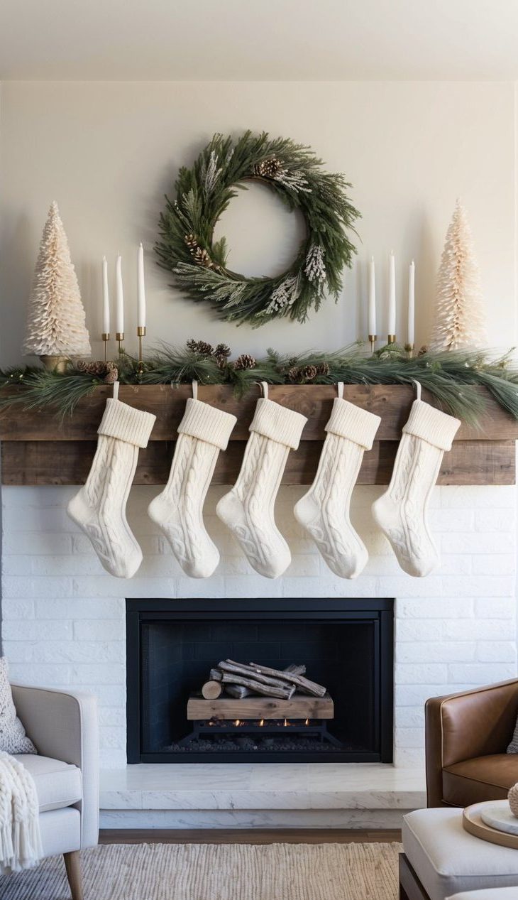 Cream knit stockings hang from a rustic mantel adorned with wintry decor