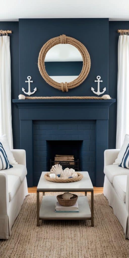A cozy living room with a navy blue painted fireplace, adorned with nautical accents like rope, anchors, and seashells