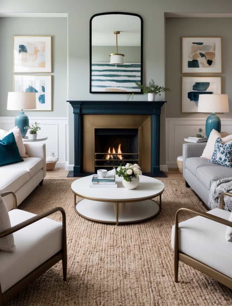 The deep navy-painted mantel adds striking contrast and sophistication to the fireplace, paired with a brushed brass firebox