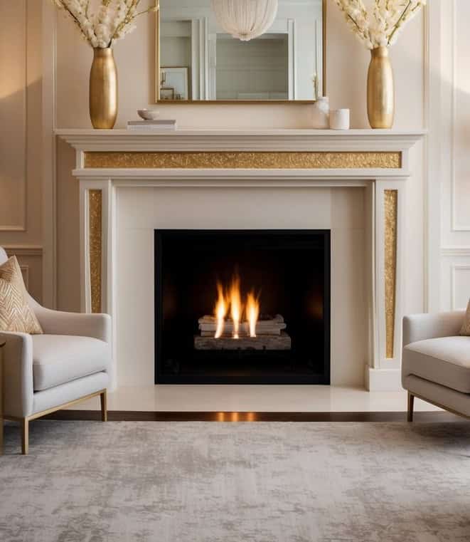 A grand fireplace adorned with ivory and gold accents, radiating warmth and elegance into the room