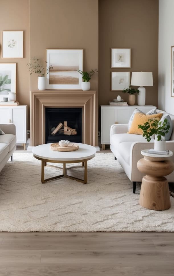 A cozy living room with a mocha painted fireplace as the focal point