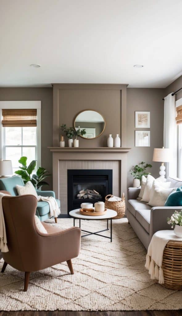 A cozy living room with a taupe painted fireplace, surrounded by various decor and furniture, creating a warm and inviting atmosphere