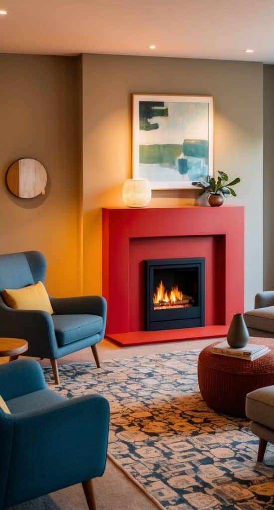 A cozy living room with a red-painted fireplace as the focal point. Comfy armchairs, a patterned rug, and warm lighting complete the inviting scene